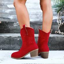 Women's Pointed Toe Mid-Calf Boots, Western Style Embroidery Thick Heel Boots,Women's Mid Calf Cowgirl Boots Cowboy Boots Pointed Toe Fashion Slip-On Chunky Heel Embroidery Stitched Western Boots - Màu Đỏ Sâu - Xem 3