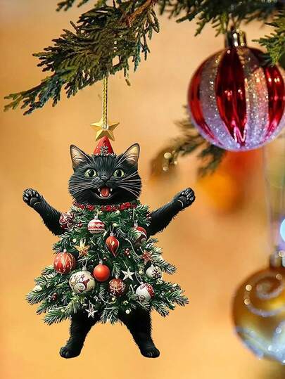 2/1pc Cute Cat Pendant, Christmas Decoration,2D (Not 3D) Cute Cat Christmas Tree Pendant, Black Cat, Stuffed Cat, Christmas Pendant Decoration, New Year, Car Pendant Decoration, Christmas Tree Decoration