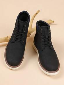 1 双男士黑色尖头踝系带 PU 皮革鞋面 EVA 鞋底休闲靴，适合日常休闲穿着 - 黑色 - 查看 1