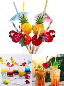 15/20/30/50 Unidades Pajitas de papel con diseño de frutas para cócteles, pajitas de papel para fiestas con frutas, pajitas para bebidas, pajitas para fiestas familiares, pajitas para cenas al aire libre y en la playa, pajitas de papel con estampado de frutas, set de fiesta tropical, pajitas hawaianas y sombrillas de frutas 3D, decoraciones de papel con sandía y piña para cócteles, Halloween, Navidad - Multicolor - Ver 4