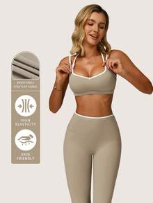 MFVIM Women's Linen Contrast Color Bra And Yoga Pants Set - White Trim Cute Backless | Tight And Breathable, Suitable For Yoga, Fitness And Outdoor Sports - Light Grey - View 5
