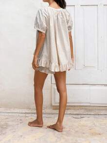 Women Plaid Set, Short Sleeve Ruffled Shirt With Elastic Waist Shorts Summer Outfit - 卡其色 - 查看 3