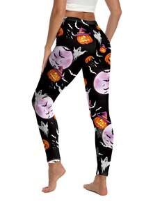 Womens Halloween Leggings High Waist Pumpkin Print Slim Fit Workout Pants Pajama Bottoms - Black - View 5