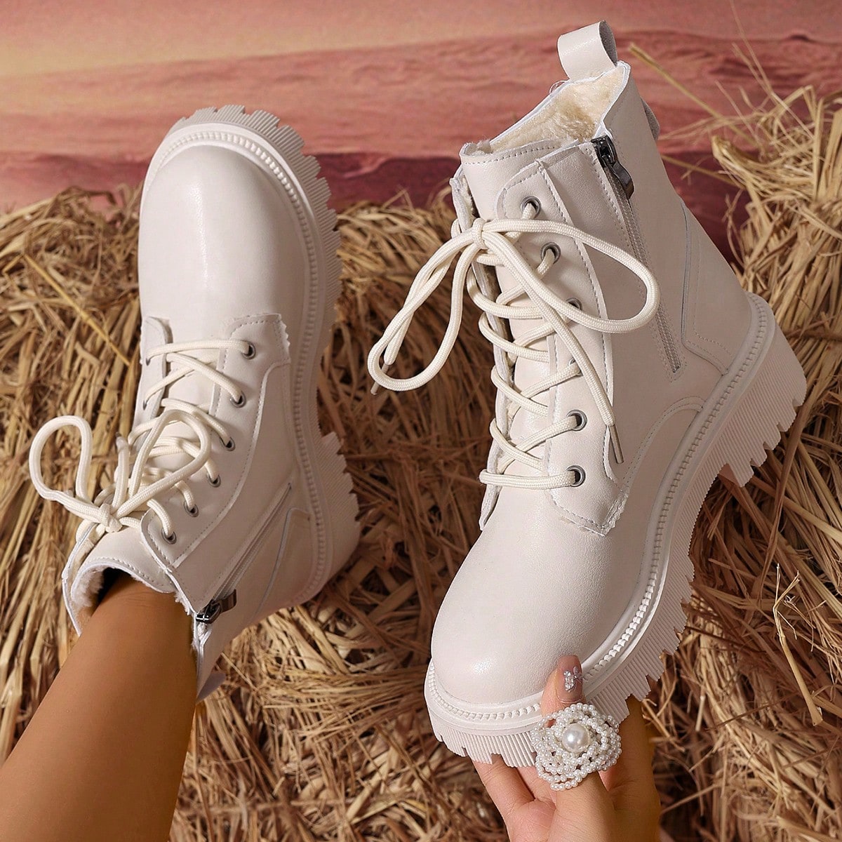 2026 Herbst/Winter Neue Damenschuhe, Warme Winterstiefel, Modische vielseitige Lässig Damenschuhe, Leder Ankle Boots, Schwarz & Weiß Ankle Boots mit Schnürung & Seitlichem Reißverschluss, Flache Damen 