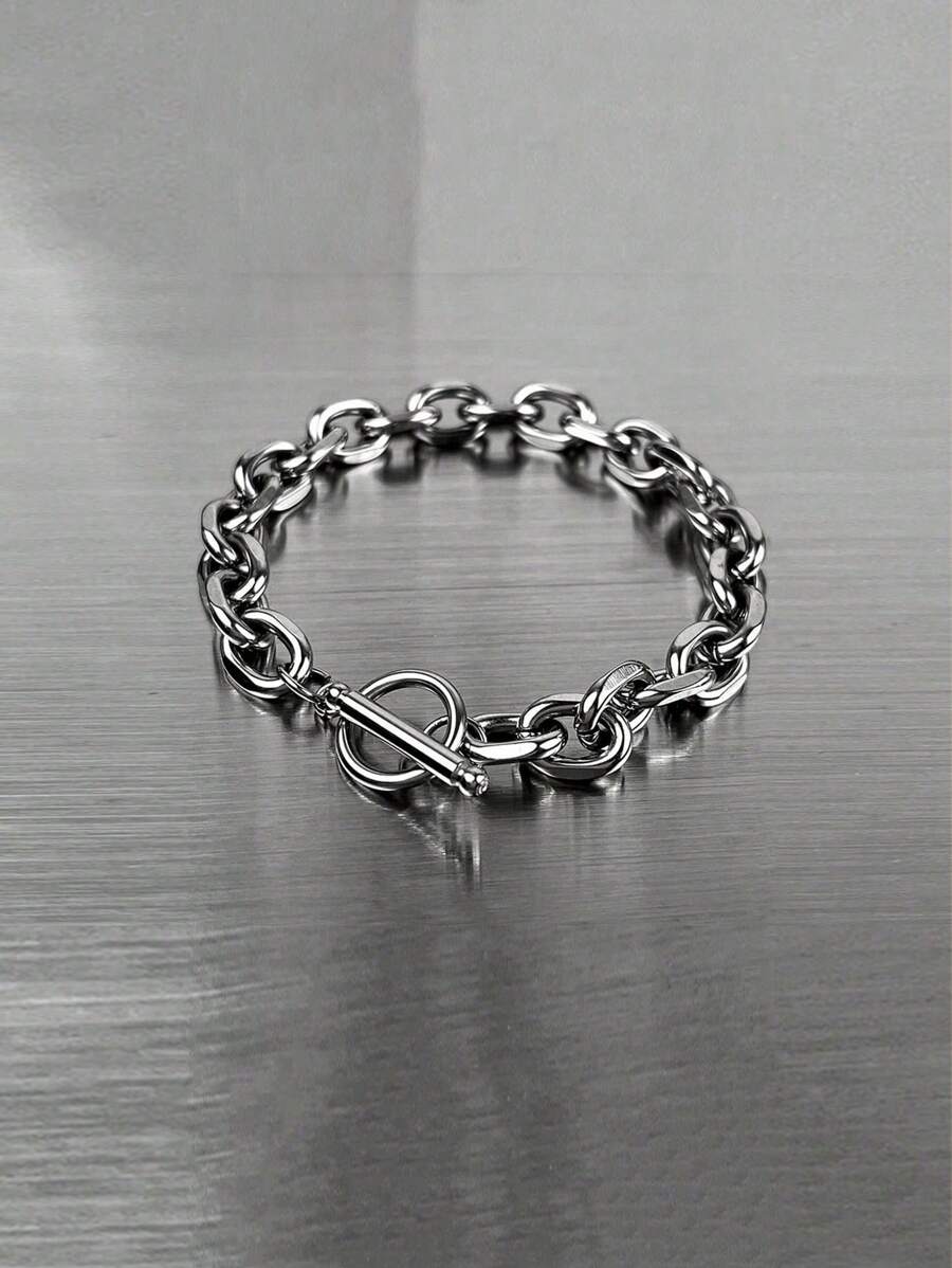 1pc 18cm Stainless Steel Thick Chain OT Clasp Bracelet Suitable For Men - Silver - View 1