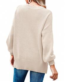Saodimallsu Womens Fall Oversized Tunic Sweaters Slouchy Long Sleeve Ribbed Knit Side Slit Pullover Jumper - Beige - View 4