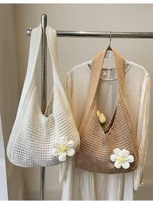 Khaki Upgraded Version Hand - Crocheted Hollow - Out Bag, Floral - Decorated Literary - Style Single - Shoulder Bag00 - 杏色 - 查看 2