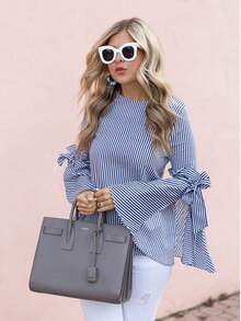 Women's Striped Fabric Bow Flared Sleeve Ruffle Hem Elegant Casual Blouse, Suitable For Travel, Daily, Office, Teacher - Blue - View 5