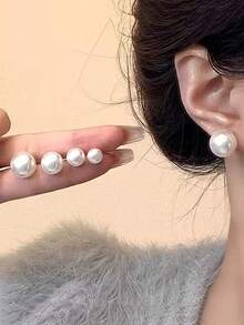3 Pairs Retro Minimalist Elegant Faux Pearl Stud Earrings Set, Chic Lightweight Earrings Suitable For Women's Daily And Holiday Wear - Milky White - View 3