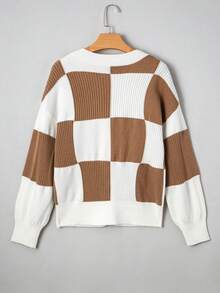 Acelitt Cardigan casual cu imprimeu contrastant și textură, model kaki în carouri, toamnă nouă