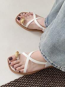 女士平底凉鞋，金属优雅派对度假休闲沙滩可爱仙女婚礼户外性感中式奢华街头可爱舒适 PVC 塑料扣交叉平底凉鞋，适合海滩、度假、婚礼、学校、办公室、家居、户外、夏季