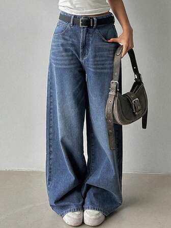 时尚女士休闲宽松舒适直筒阔腿牛仔裤，纯色可爱休闲优雅牛仔裤，舒适秋冬直筒阔腿牛仔裤适合办公室、日常穿着、约会、度假和所有季节