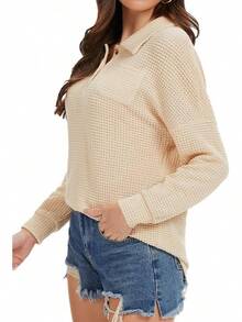 Womens Tops Waffle Knit V-Neck Long Sleeve T-Shirts Button Down With Pockets Tunic Fashion ClothingChristmas - 杏色 - 查看 11