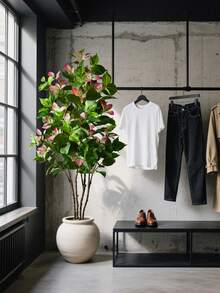 82-144cm Large Artificial Ficus Tree Fake Magnolia Plants Branch Tall Banyan Tree Faux Nandina Tree Rubber Real Touch Fiddle Leaves Plastic Fiddle Plant For Home Garden Office Decor Without 1pc - Hồng - Xem 3