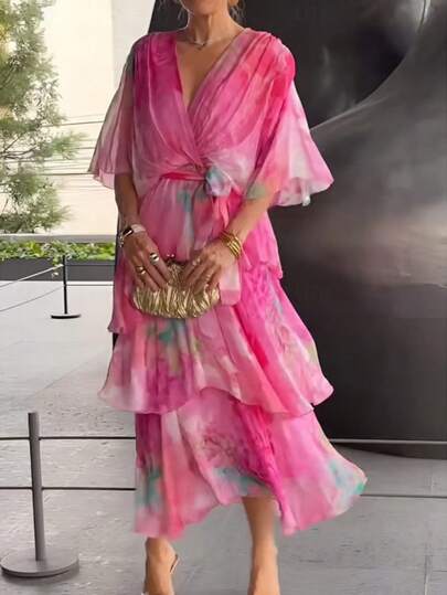 Plus Size Women's Long Formal Dress, Elegant Floral Print Half Sleeve Dress, Suitable For Formal Occasions