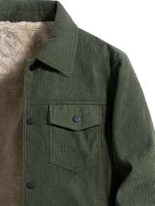 Men 1pc Military Green Corduroy Thermal Lined Long Sleeve Jacket, Outdoor Camping Style, Water-Resistant & Wind-Proof, Sherpa Lining For Warmth, Turndown Collar, Multi-Pocket Design, Practical For Outdoor Activities And Team Building, Fall/Winter - Army Green - View 4