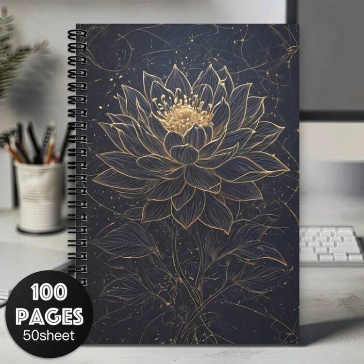 1 cuốn sổ tay xoắn ốc hình hoa sen - 100 trang, 14,73x10,92 cm, Trường năng lượng thiêng liêng, Thiền, Yoga, Sổ kế hoạch truyền cảm hứng tâm linh với điểm nhấn màu vàng trên nền tối, Dùng cho văn phòng & đồ dùng, Sổ tay thiền | Thiết kế hoa sen | Sổ tay giấy - A - Xem 1