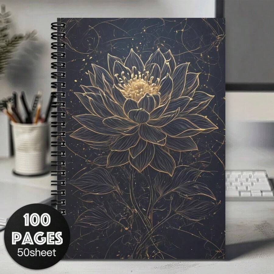 1 cuốn sổ tay xoắn ốc hình hoa sen - 100 trang, 14,73x10,92 cm, Trường năng lượng thiêng liêng, Thiền, Yoga, Sổ kế hoạch truyền cảm hứng tâm linh với điểm nhấn màu vàng trên nền tối, Dùng cho văn phòng & đồ dùng, Sổ tay thiền | Thiết kế hoa sen | Sổ tay giấy - A - Xem 1