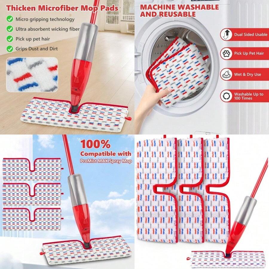 Microfiber Mop Pads Compatible With OCedar Promist MAX Spray Mop Reusable Mop Refills Pads Mop Heads Replacement Thicken Microfiber Pads Wet Dry Pads DualSides Use For Floor Cleaning 3 Pack