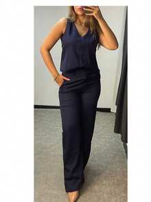 Women's Tailored Set, Sleeveless Blouse With Straight Pants, Great For Everyday Work, Casual, Premium Topstitched Finish - 藏蓝色 - 查看 5