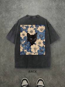 Retro Washed T-Shirt Double Sided Printed (230 Pure Cotton T-Shirt) 'Cat In The Flowers'  Cat And Flowers Pattern Print, Mens TShirt, Mens Shirt Casual, Comfortable, Fashionable T-Shirt, Street Style Cotton - 黑色 - 查看 2