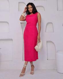 Women's Midi Dress Elegant Casual Buttons Front Simple Button - Pink Rose - View 4