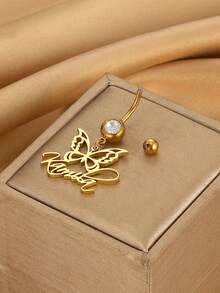 Custom Name Belly Ring, Zirconia Belly Ring, Customized Navel Ring, Belly Button Ring, Personalized Name Belly Ring, Gift For Her. Birthday Gifts Valentine's Day Gifts - Golden Butterfly - View 5