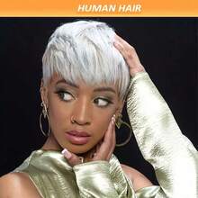 Grey Pixie Cut Wig Human Hair Straight Layered Glueless Pixie Wigs For Women Silvery Gray Color 100% Brazilian Human Hair Wig With Bangs 4 Inch 180% Density Perfect For Everyday & Cosplay & Parties & Music Festival - 灰色 - 查看 4