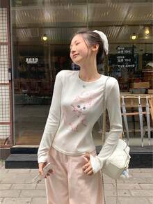 Cute Cat Print Versatile Spring Long Sleeve T-Shirt White - White - View 3