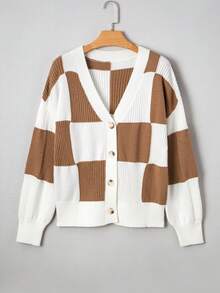 Acelitt Cardigan casual cu imprimeu contrastant și textură, model kaki în carouri, toamnă nouă