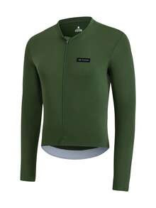 HISERWA Maillot de cyclisme pour hommes vert olive à manches longues avec petit col montant. Très extensible, respirant et séchage rapide. Manches longues de cyclisme avec capacité d'étirement maximale en tissu tricoté. Coupe slim. Design avec bande réfléchissante sur l'ourlet arrière. Maillot de cyclisme compétitif slim pour hommes, convient pour la course et le cyclisme outdoor. - Vert - Voir 2