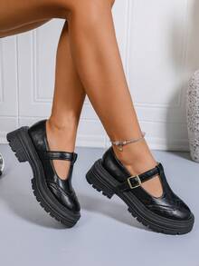 女士新款洛丽塔风粗跟黑色乐福鞋,法式英伦玛丽珍鞋,情人节心形鞋面设计,心形鞋面,金属扣鞋,复古圆头乐福鞋,新款学院风商务正装办公平底鞋(黑色) - 黑色 - 查看 7