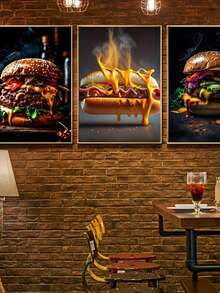 3 piezas de pintura de comida deliciosa sin marco (hot dog, hamburguesa) - Póster de lienzo creativo, arte de pared impermeable de lienzo, pintura de pared para regalo, dormitorio, oficina, sala de estar, cafetería, bar, decoración del hogar y la habitación