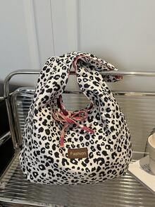 1pc Leopard & Plaid Pattern Polyester Large Capacity Reversible Tote Bag, Suitable For Casual Outings And Shopping In Autumn/Winter - Black and White - View 6