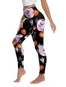 Womens Halloween Leggings High Waist Pumpkin Print Slim Fit Workout Pants Pajama Bottoms - Black - View 4