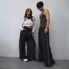 Basic Street Straight Wide Tactel Pants With Drawstring Waist And Pocket - màu đen - Xem 3
