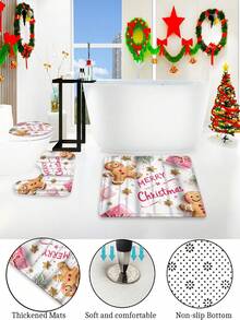 1 Piece/4 Pieces Christmas Scene Winter Decor, Pink Gingerbread Man, Snowflake, Christmas Shower Curtain, Modern Personalized Bathroom Christmas Decor, Waterproof Fabric Shower Curtain Set With 12 Hooks, Non-Slip Bathroom Rug, U-Shaped Toilet Mat, Toilet Lid Cover, Christmas Home Decor. Bathroom Decor