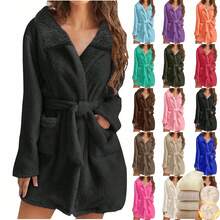 蓬松浴袍，女士中长款带帽抓绒浴袍，柔软吸水抓绒睡衣，适合水疗和居家穿着，法兰绒浴袍，保暖桑拿服，速干带腰带，女士浴袍睡衣 - 彩色 - 查看 8