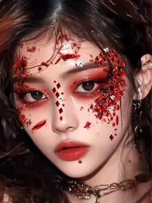1pc Red Rhinestone Face Sticker, Suitable For Halloween Blood Tear DIY Decoration, Bridal, Stage Performance, Holiday Party, Gathering Makeup, Available In Various Shapes Like Diamond, Round, Teardrop, Oval, Customizable For Both Men And Women