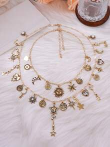 1 件复古小众高端设计合金脸、太阳、月亮、星星流苏项链，适合女士 - 雙層星月項鍊 - 查看 3