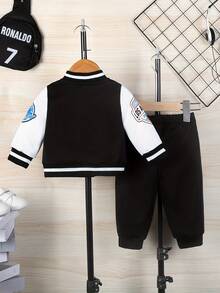 2 Pieces Of Baby Boy Hip-Hop Sports Style Basketball Digital Printed Baseball Suit Set, Jacket, Pants Set, Spring And Autumn Season - Black - View 2