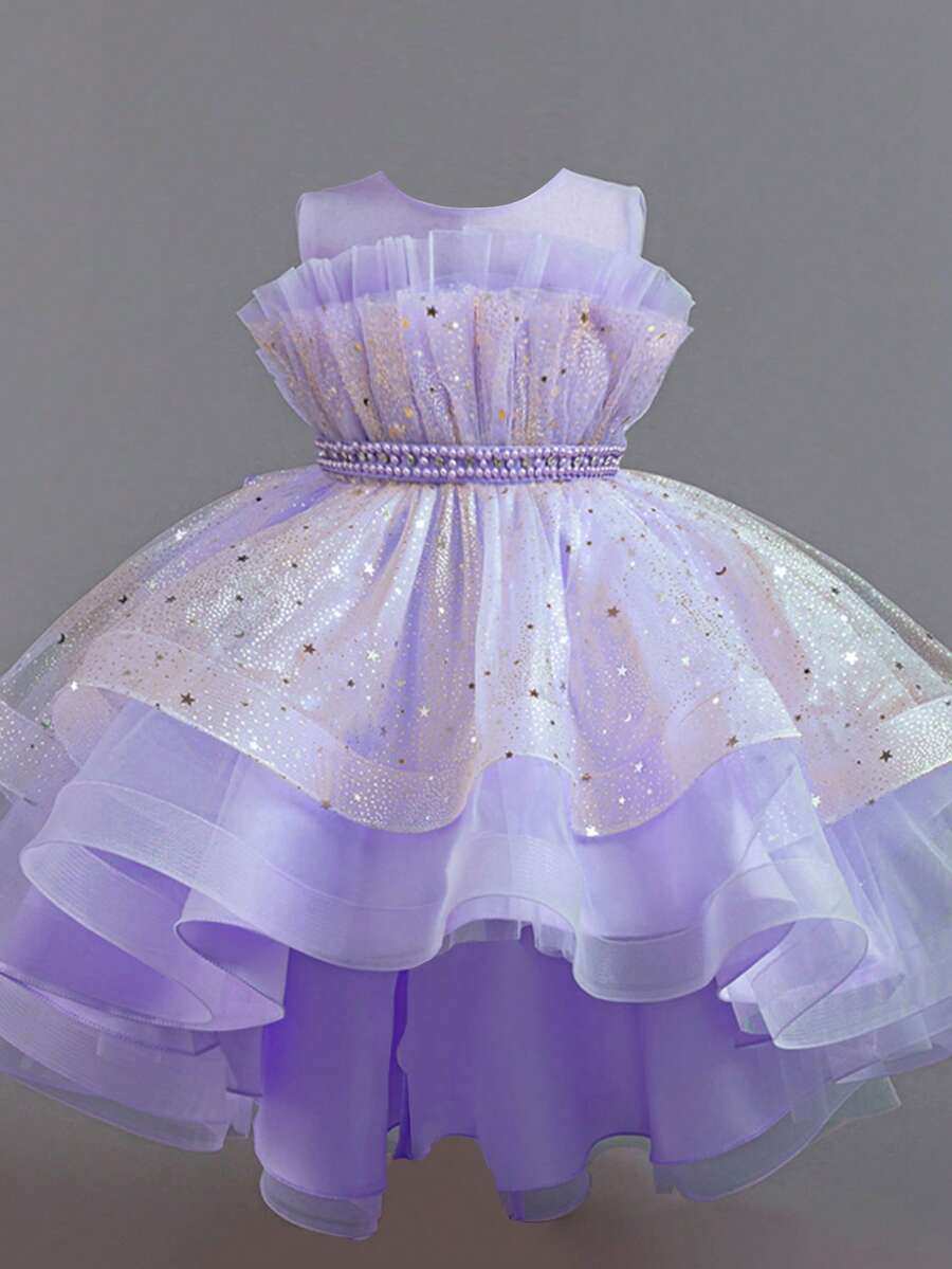 Girl's Sleeveless Shiny Elegant Party Dress, Princess Wedding Christening Pageant Ball Gown - Màu tím hoa cà - Xem 1
