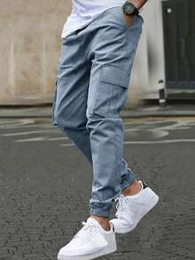 1pc Teen Boy Casual Straight Leg Elastic Cuff Pants With Pockets, Spring/Autumn/Winter - Dusty Blue - View 3