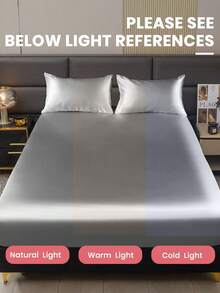 2/3 Pcs Satin Bed Sheets Set, Halloween Decor, Fall Decor, Black Sheet Set, Silk Sheets, Solid Color Bed Sheet Set, Soft And Comfortable Bedding, Skin-Friendly Bed Set, Halloween Gift, Christmas Decoration, Lightweight And Silky Smooth, Room Decor, Mattress Protector For Bedroom, Deep Pocket, Dustproof, For All Season, Fits  For Twin Full Queen And King Sizes, 1pc Fitted Sheet And 1/2pcs Pillowcase, Machine Washable - 灰色 - 查看 7