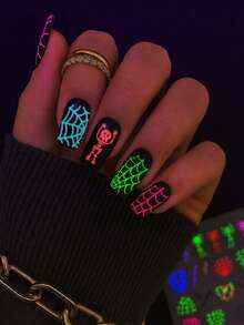 3 tờ nhãn dán móng tay nghệ thuật Halloween màu neon, nhãn dán móng tay hoạt hình ma 3D Goth huỳnh quang, nhãn dán móng tay thiết kế hoa, đầu lâu và mạng nhện, tự làm hoặc sử dụng tại tiệm, phát sáng dưới đèn UV, hoàn hảo cho tiệc đêm, vật dụng dán móng tay nghệ thuật tự dính - Nhiều màu - Xem 4