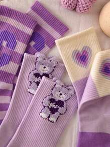 5 pares de calcetines de media caña de colores aleatorios para mujer, calcetines largos tipo tubo con estampado lindo de osos y letras, adecuados para uso diario en primavera y otoño - Multicolor - Ver 10