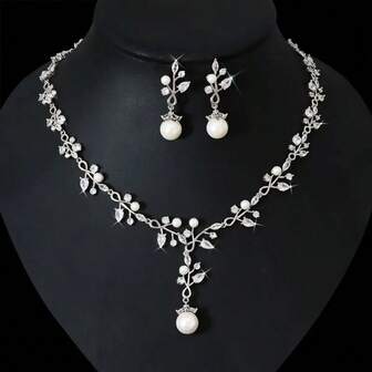 Set de 3 piezas de joyería para mujer en tono plateado/dorado, que incluye collar, accesorios de joyería, aretes con incrustaciones de circonita cúbica y perlas, collar, set de joyería, collar de diamantes, adecuado para mujer/novia/dama de honor/fiesta, boda, banquete, set de joyería de moda, regalo