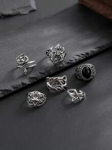 6 件朋克风格骷髅和星星设计戒指套装，适合男士日常休闲佩戴 - 復古銀色 - 查看 3