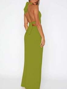 女士纯色系带露背吊带修身褶皱长裙，性感优雅派对晚礼服，适合舞会、情人节、婚礼等场合，春季穿着。 - 淺綠色 - 查看 6