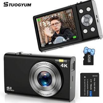 STUIGYUM 4K数码相机，16倍自动对焦变焦，2.8英寸FHD 1080P屏幕，CCD传感器，LED闪光灯，USB充电，混合图像稳定，变焦镜头，32GB TF卡，不防水，适合青少年使用的紧凑型数码相机